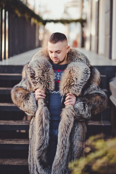 Silver Fox Fur Long Coat for Men