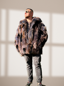 Blue Patched Fur Jacket