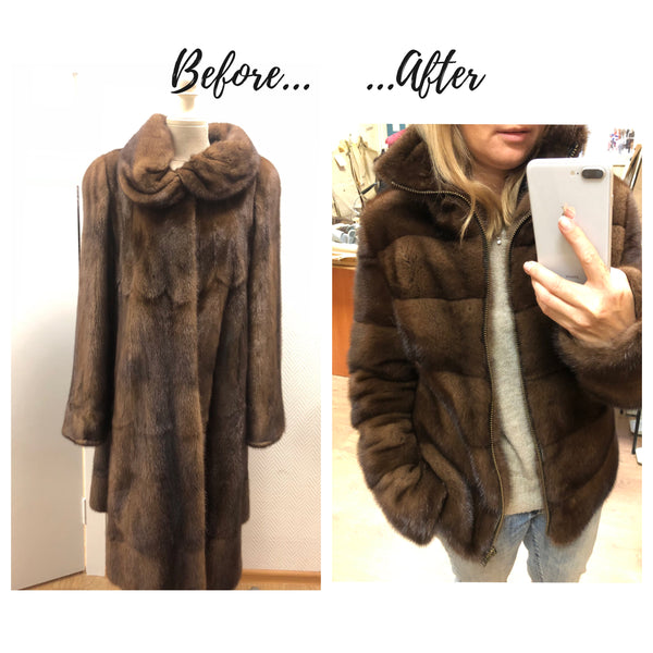 Fur coat restyled into modern bomber jacket