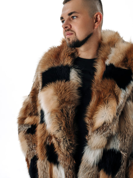 Fox Fur Coat Men With Red Collar