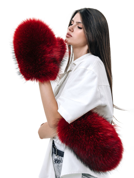 Red Raccoon Fur Gloves