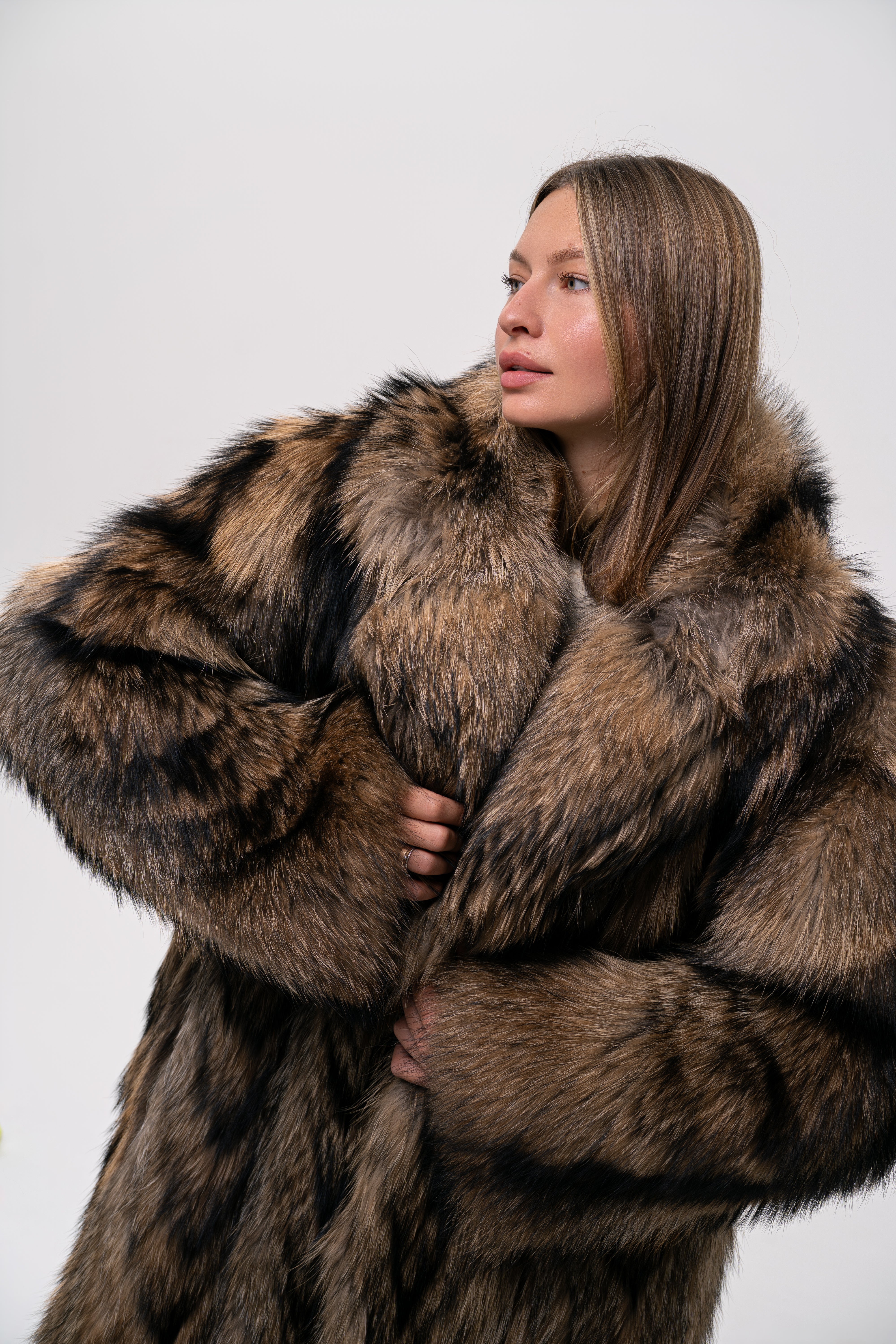 Long Raccoon Fur Coat with Collar