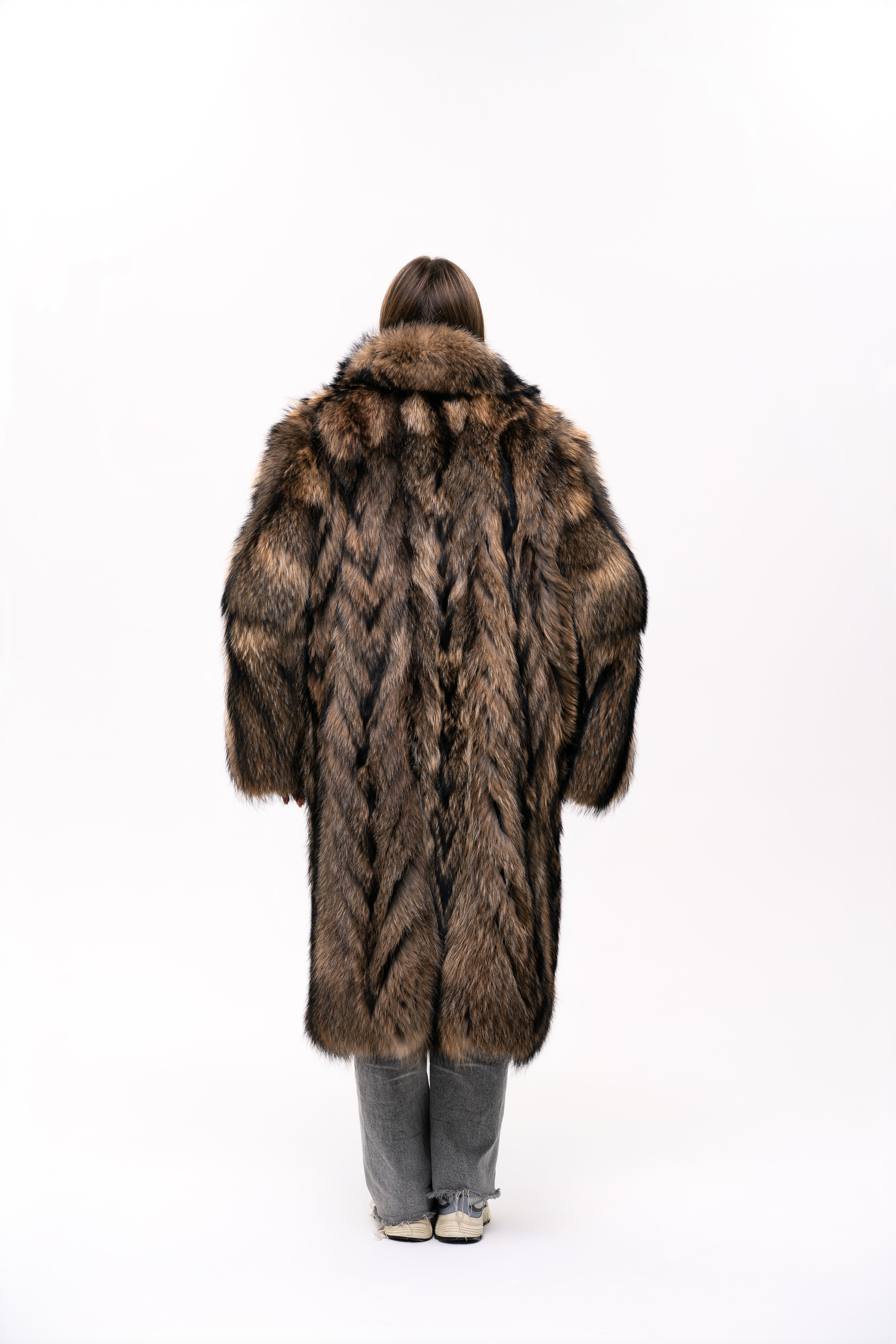 Long Raccoon Fur Coat with Collar
