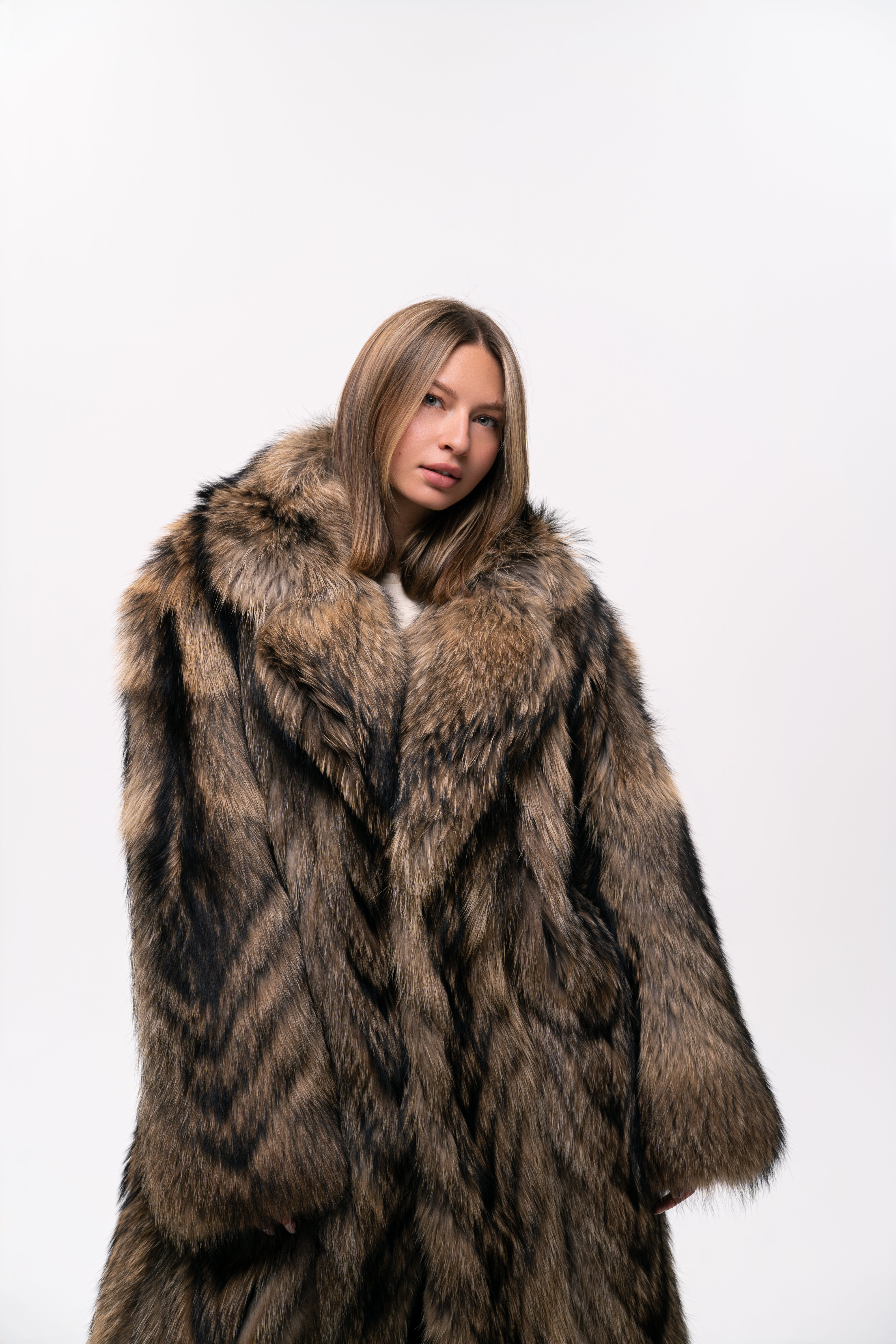 Long Raccoon Fur Coat with Collar