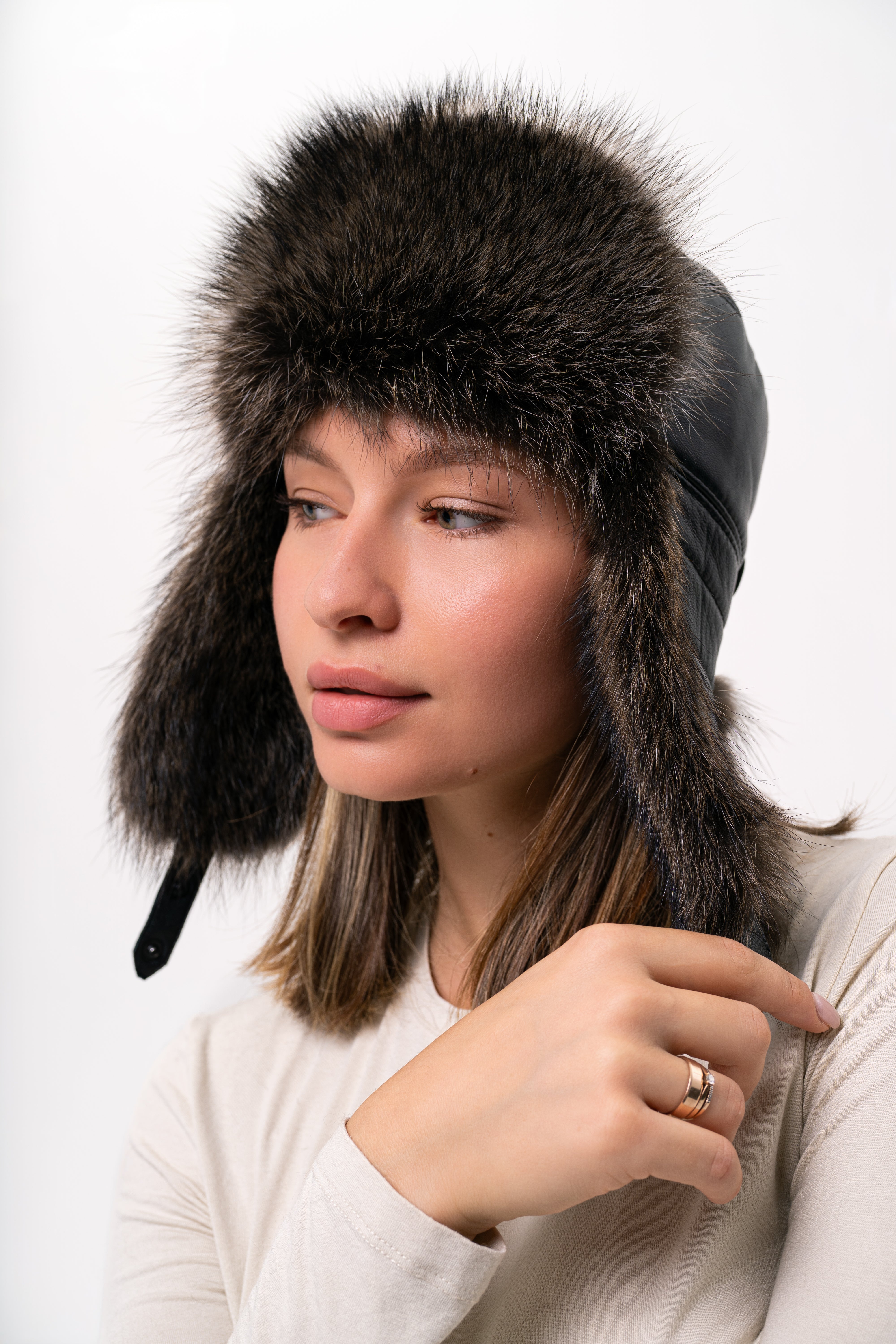 Dark Raccoon Fur Hat with Leather