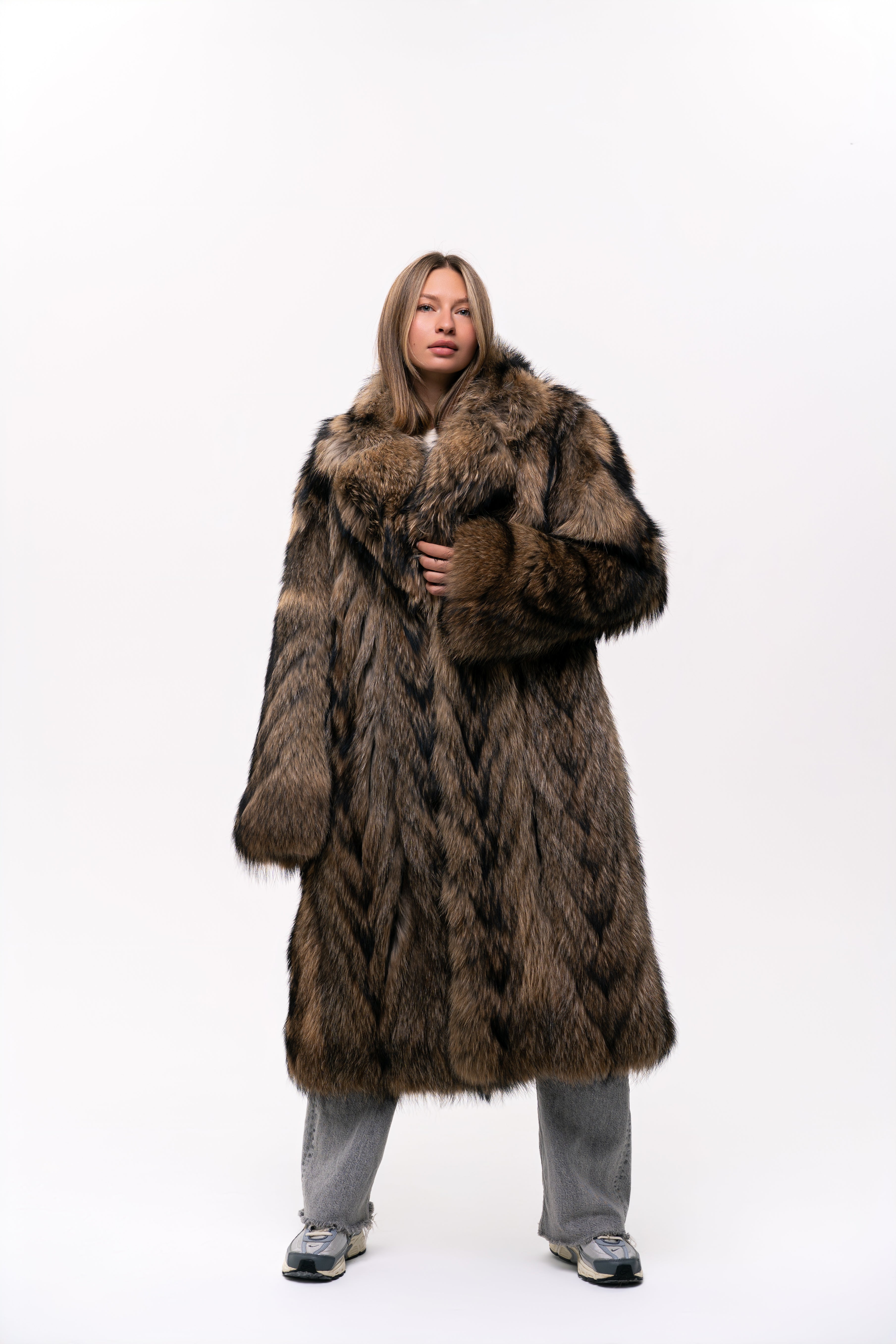 Long Raccoon Fur Coat with Collar