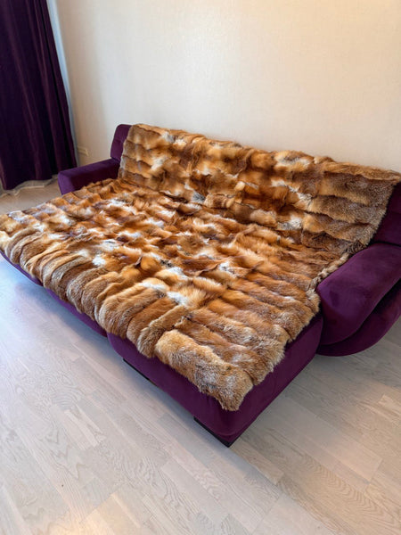 Full Pelt Fox Fur Blanket,  Luxury Fur Throw for  Living Room, Real Fur Decor