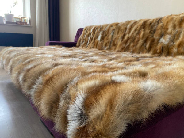 Full Pelt Fox Fur Blanket,  Luxury Fur Throw for  Living Room, Real Fur Decor