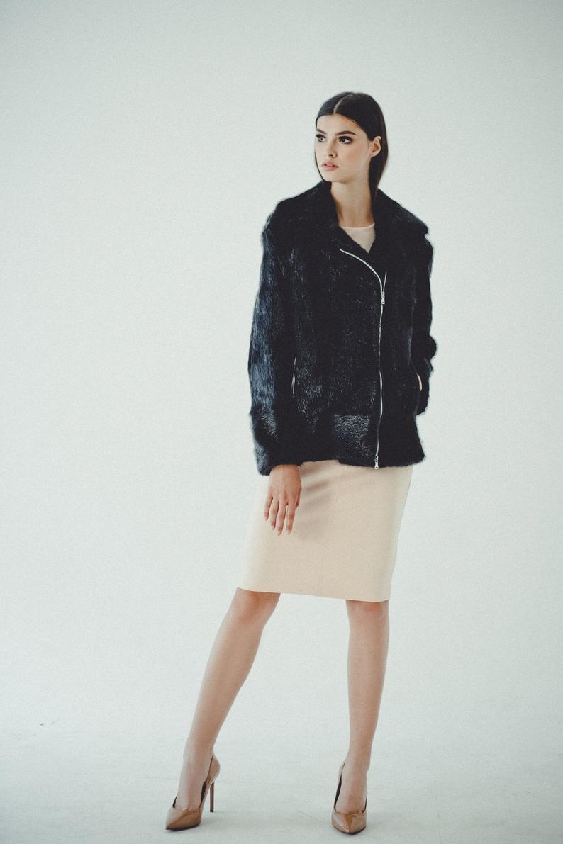 Nutria Fur Bomber Jacket (Black)