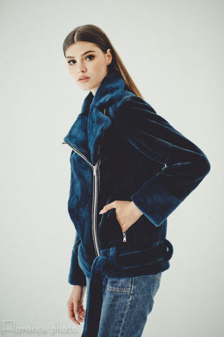 blue real fur aviator jacket