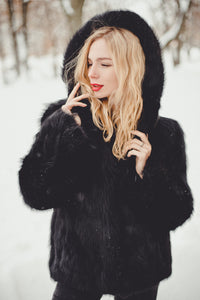 Fox Fur Jacket with Hood (Black)