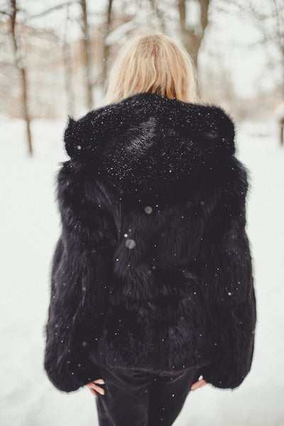 Fox Fur Jacket with Hood (Black)