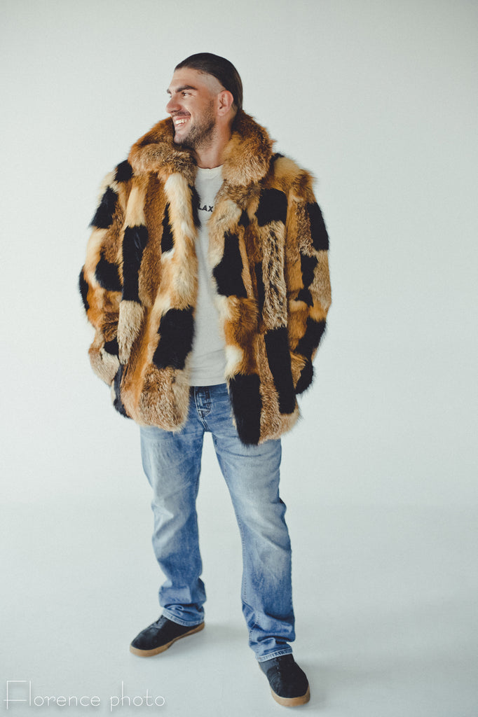 Mid Length Natural Grey Fox Fur Coat for Men: FurSource.com