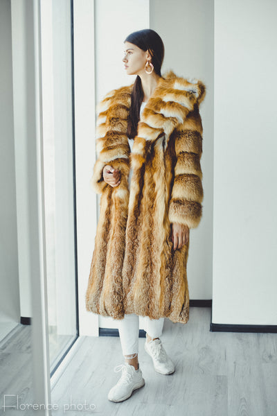 Full Lengh Hooded Fox Fur Coat