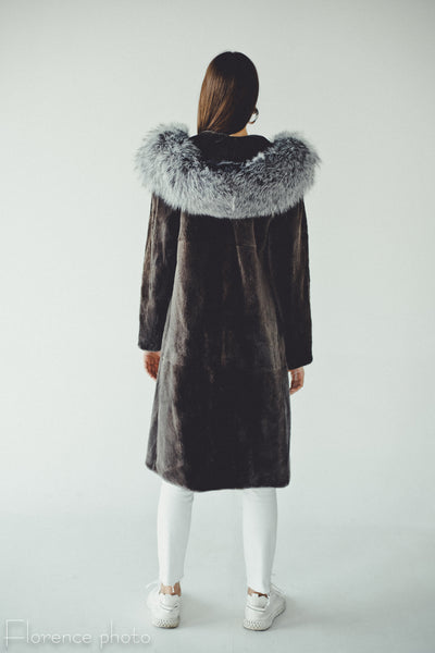 Hooded Long Silver Fox and Beaver Coat