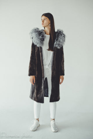 Hooded Long Silver Fox and Beaver Coat