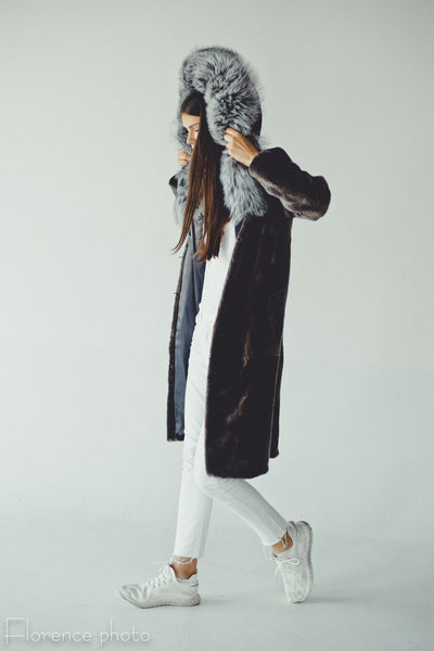 Hooded Long Silver Fox and Beaver Coat