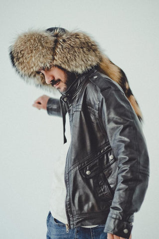 raccoon fur ushanka hat for men with tail