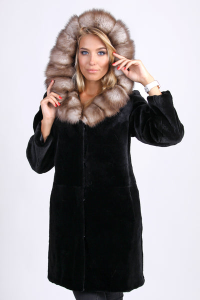 Beaver Fur Coat with Hood (Black)