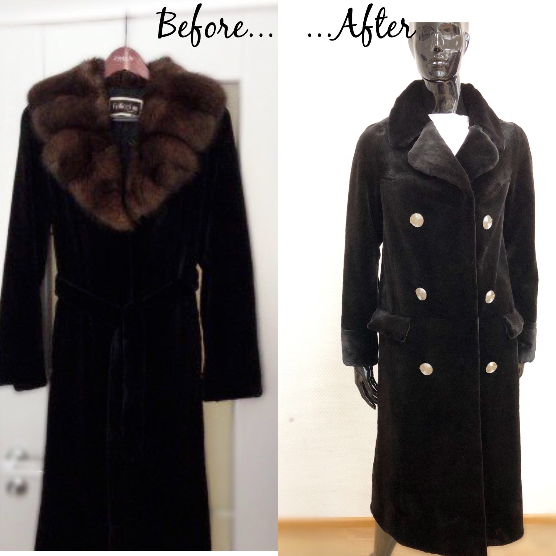 Before and after mink coat transformation”