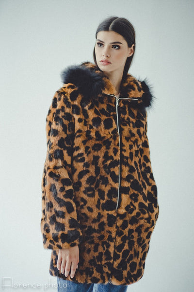 Rabbit Fur Jacket with Hood Leopard Forestfox Fur Atelier