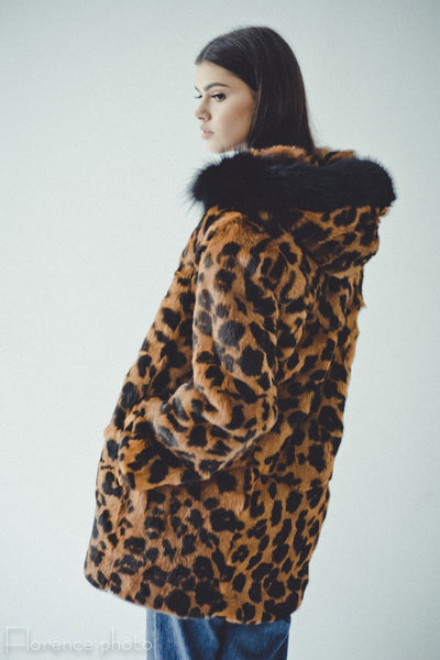 rabbit fur coat in leopard print