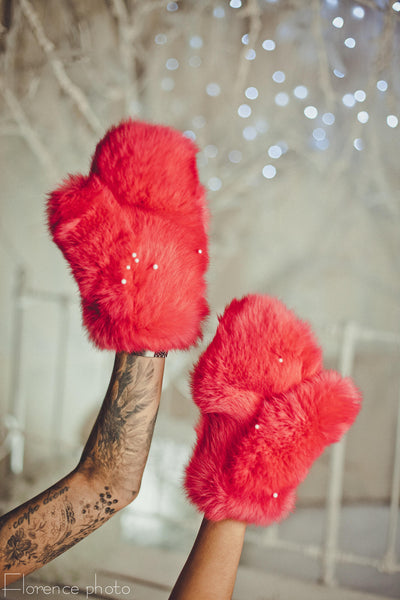 red fur gloves unisex