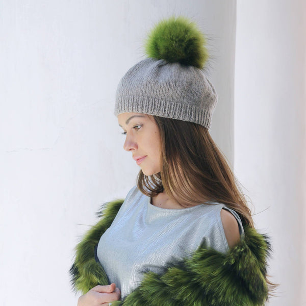 green fur pom pom for hat