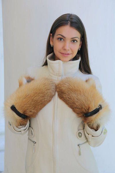 fox fur mittens in red