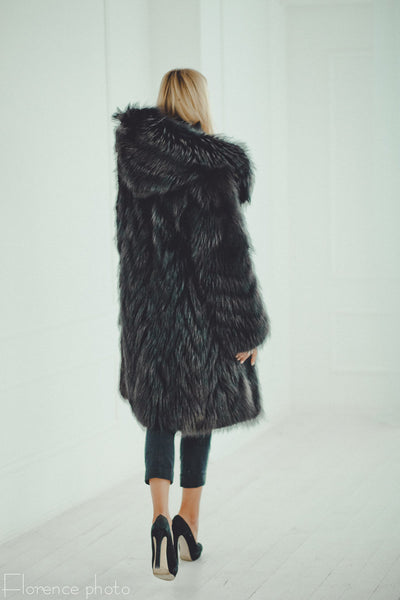 raccoon long black fur jacket