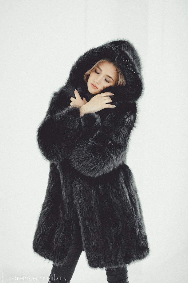 Black Hooded Fox Fur Coat