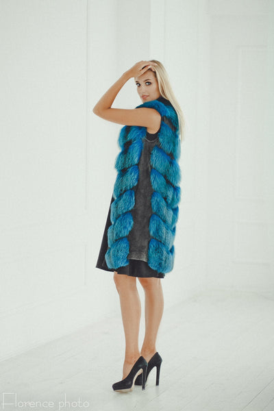 blue long fox fur vest