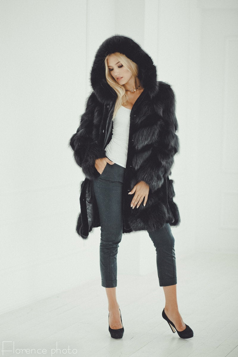 Black Hooded Fox Beaver Fur Coat