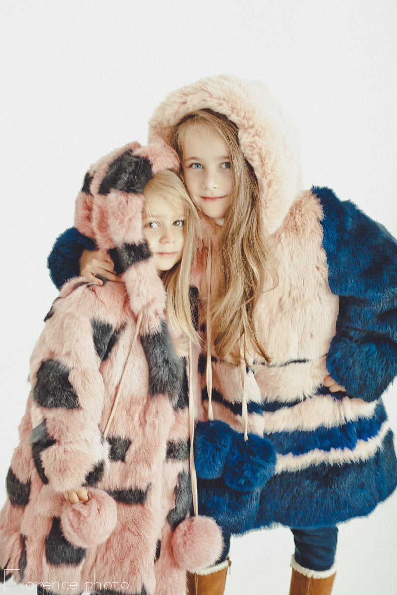 Pink and Blue Rabbit Fur Coat Kids