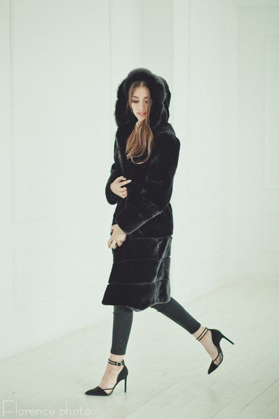 black beaver fur coat with hood