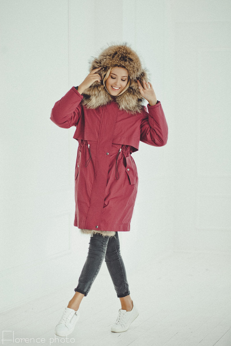 red raccoon fur parka coat for girls