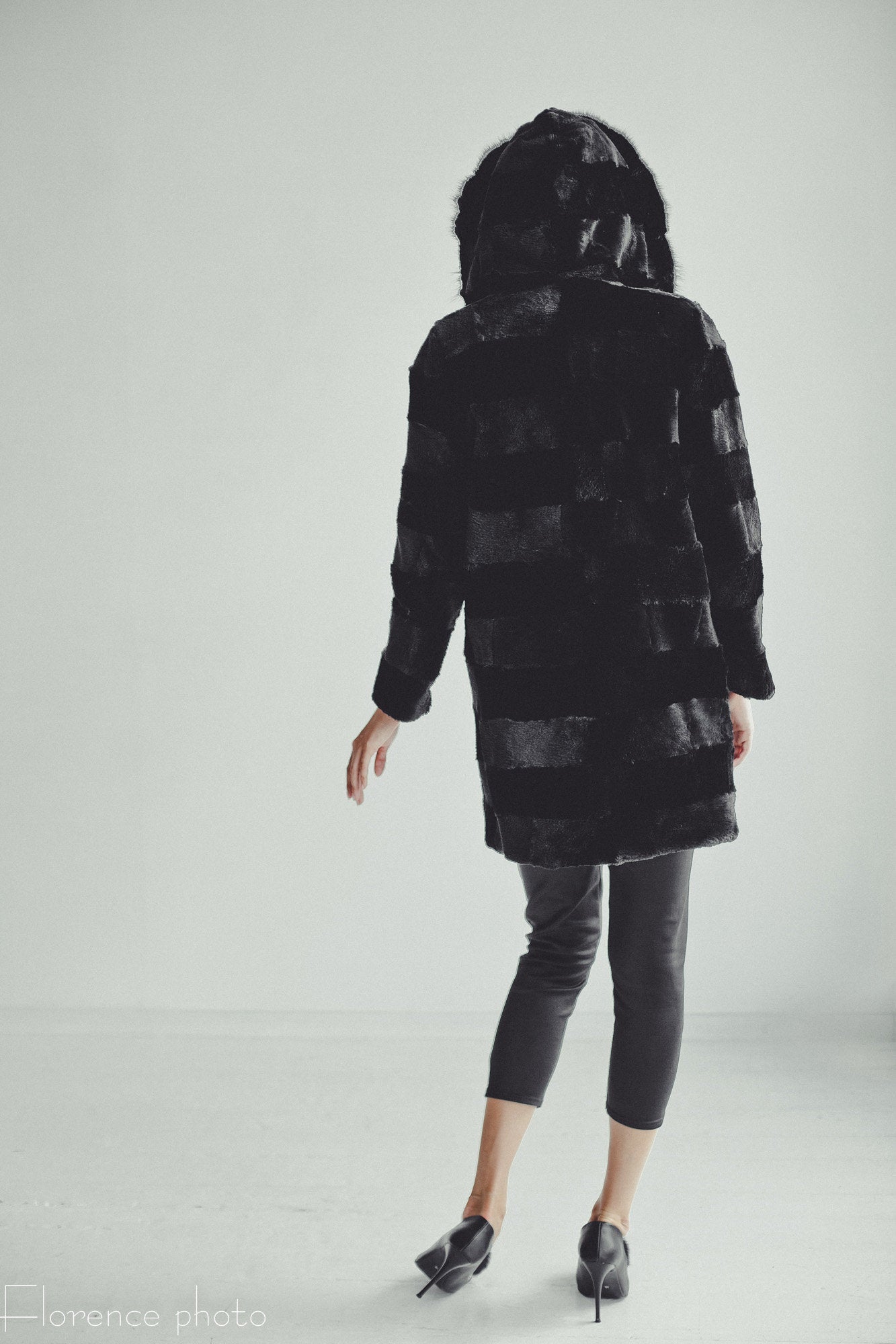 black beaver fur coat with hood