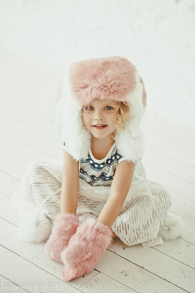 Rabbit Fur Mittens for Kids (Pink)