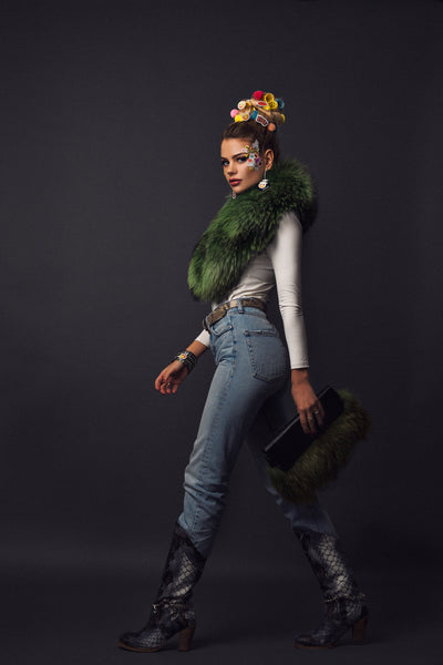 green genuine fur collar