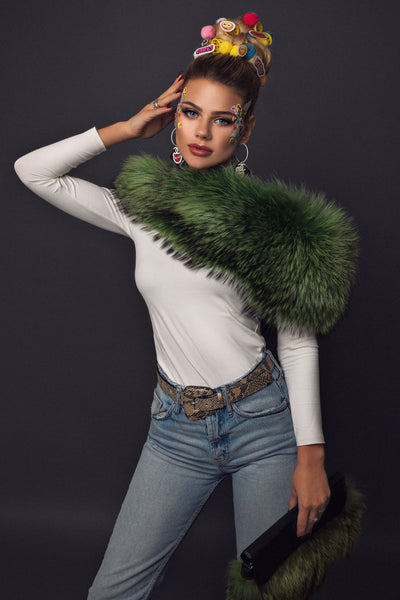 green raccoon fur collar