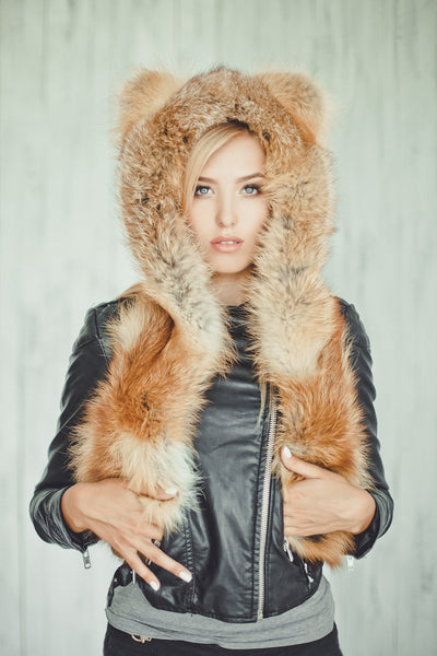 red fox fur hat with hood for women