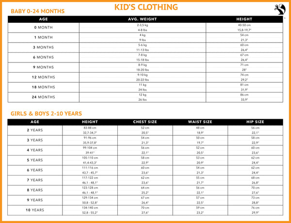 size chart kids clothes in fur