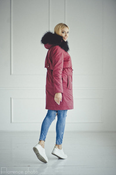 Raccoon Fur Parka Coat (Bordeaux)