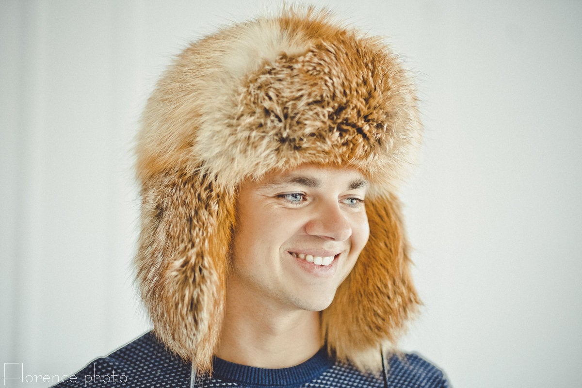 mens fox fur hat in red