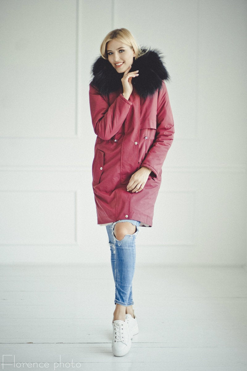 Raccoon Fur Parka Coat (Bordeaux)