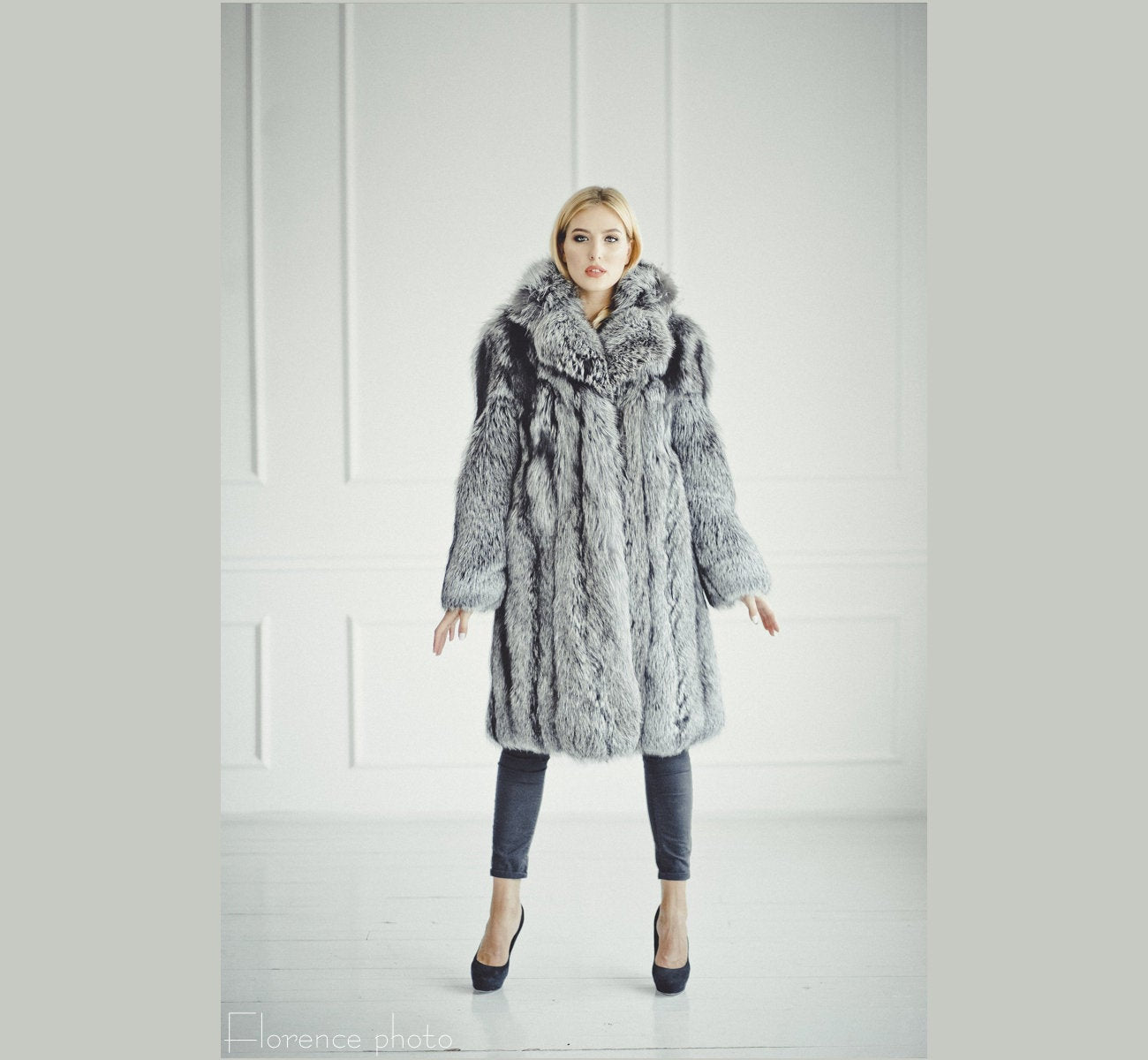 designer fox fur coat in silver