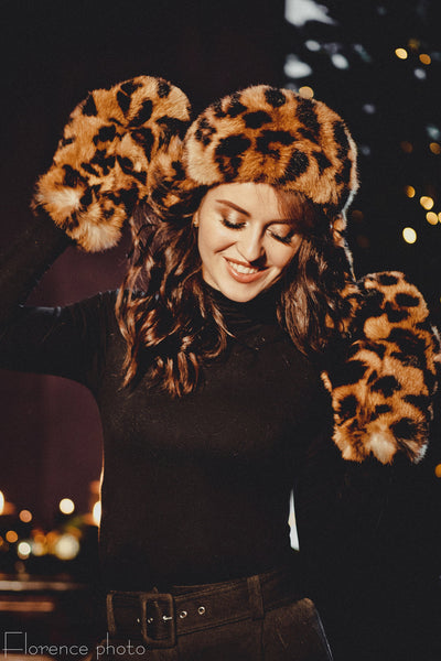 panther print fur hat women