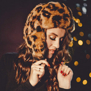 rabbit fur hat in animal print