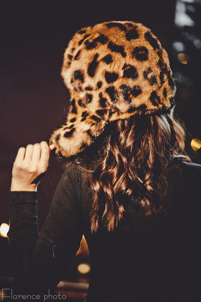 ladies fur hat with panther print