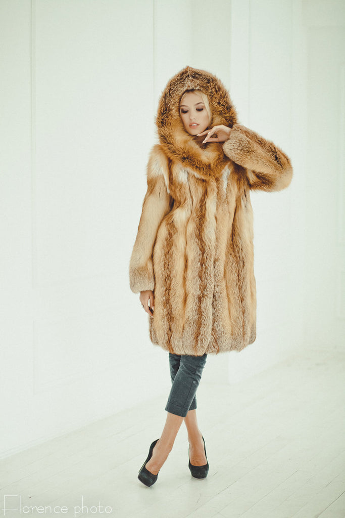 Mens Long Fox Fur Coat Hoodded Winter Coats Oversized Red Real Fur